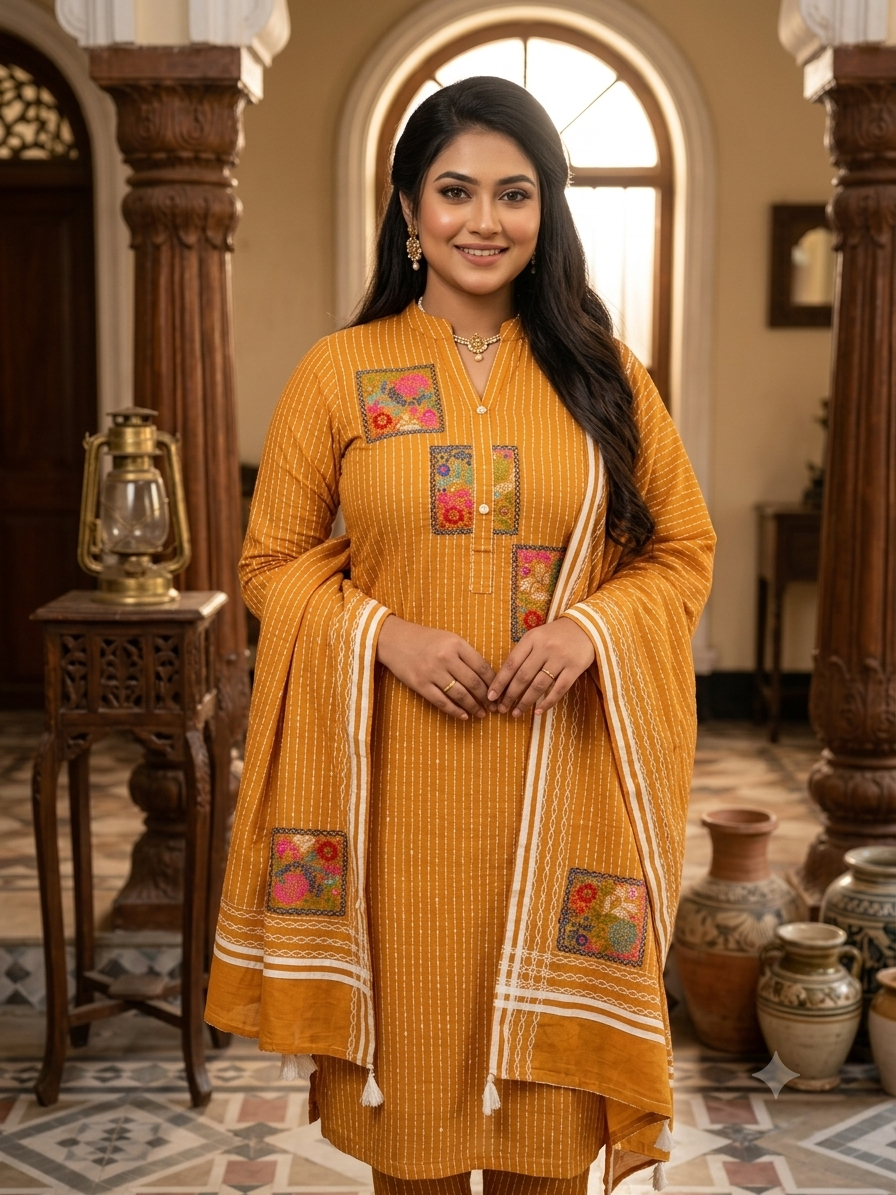 প্রিমিয়াম কোয়ালিটি ও চমৎকার ডিজাইনের সুতি সুতার হাতের কাজের নকশি থ্রি পিস
