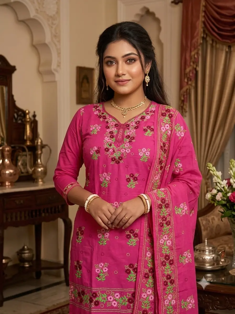 হাতে সেলাই করা প্রিমিয়াম নকশি থ্রি পিস